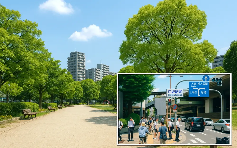江坂公園と江坂駅前（イメージ画像）